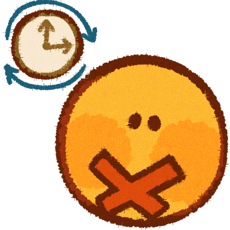 A yellow emoji with a red X where its mouth would be , next to it there is a clock with 2 blue arrows around it indicating full time .